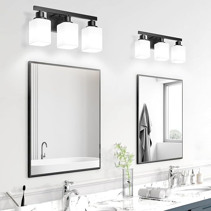 3-Light Bathroom Vanity Light,Modern Matte Black Bathroom Light Fixtures with Square Frosted Glass,Wall Sconces Lighting fixtures Over Mirror Restroom, Living Room Hallway