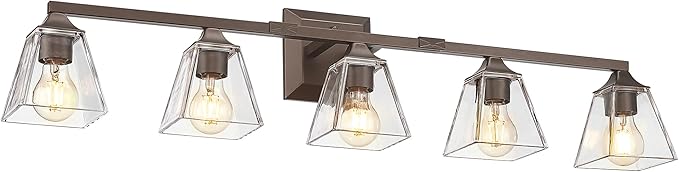 Bronze Bathroom Light Fixtures, HWH 5-Light Farmhouse Bathroom Lighting Fixture Over Mirror, Vanity Wall Sconce Oil-Rubbed Bronze with Square Glass Shade, 5HY68B-5W ORB