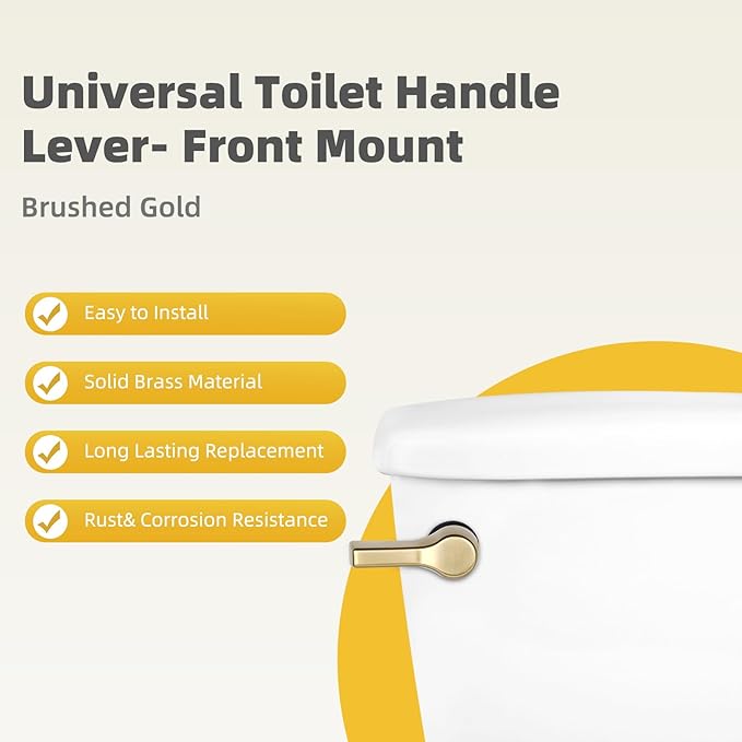Universal Metal Brushed Gold Toilet Flush Handle Replacement, Front Mount Toilet Handle Replacement Compatible with Kohler, TOTO, American Standard, Mansfield, Gerber Toilets, Solid Brass