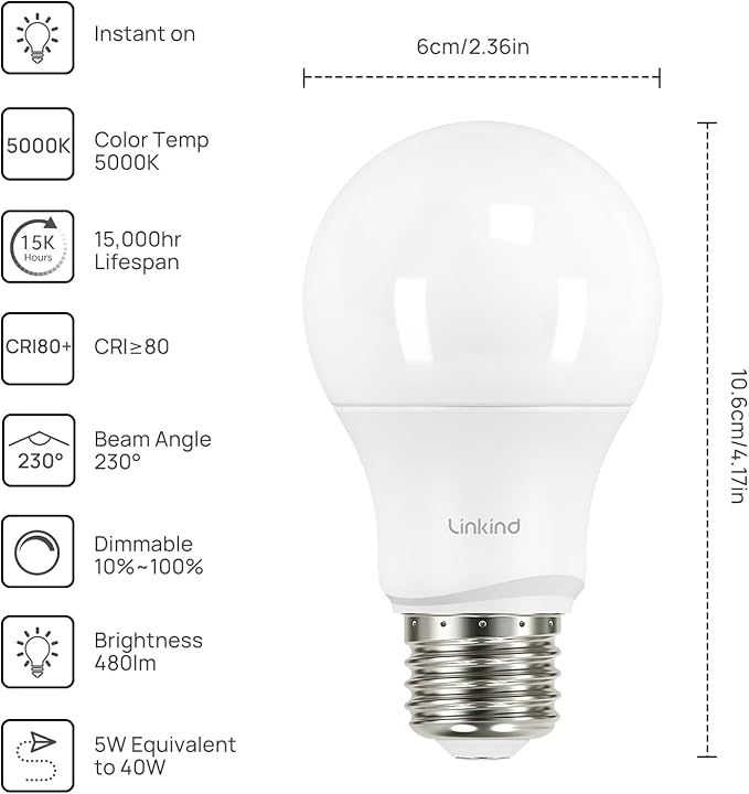 Linkind A19 LED Light Bulbs Dimmable, 40W Equivalent, E26 Base, 5000K Daylight, 5W 480 Lumens 120V, UL Listed FCC Certified, LED Lights for Bedroom Living Room Home Office, 6 Packs