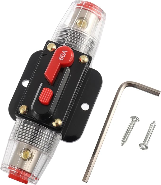 BOJACK 60A Audio Inline Circuit Breaker Reset Fuse Holder 12-24V DC Manual Reset Fuse Holder 3-15 AWG Overload Protection for Car Audio Sound Amplifier System RV Marine Boat Truck Solar Inverter