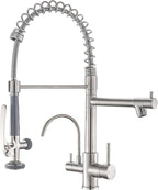 Fapully Commercial 3 Way Kitchen Faucets with Pull Down Sprayer and Water Filler,3 in 1 Kitchen Sink Faucet with Drinking Water Faucet Brushed Nickel