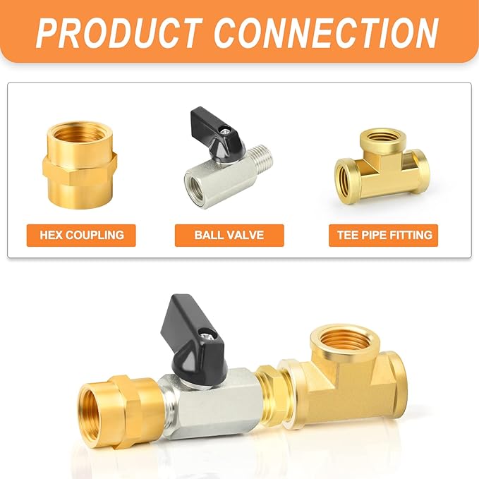 GASHER 8PCS 1/2 Inch NPT Brass Pipe Fitting, Female and Male Thread Mini Ball Valve, Barstock Tee Brass Pipe Fitting and Air Hose Fitings