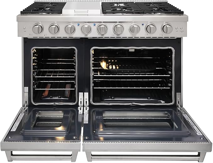 48 inch Pro-Style Natural Gas Range or Liquid Propane Gas Range with 6 Burners & 1 Griddle Cooktop, Double 4.6 cu. ft. and 2.2 cu. ft. Oven, in Stainless Steel - KOS-48RG03M (Stainless Steel)