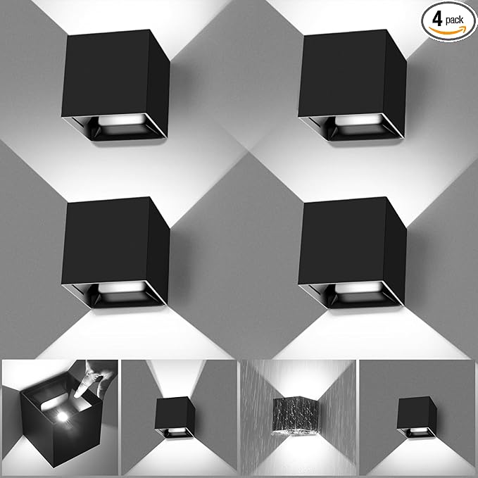 20W Outdoor Wall Light 6500K Up and Down Square LED Modern Wall Sconce Adjustable Black Porch Light IP65 Waterproof Aluminum Exterior Fixture for,Stair,Garage,Patio,Garden (4 Pack)