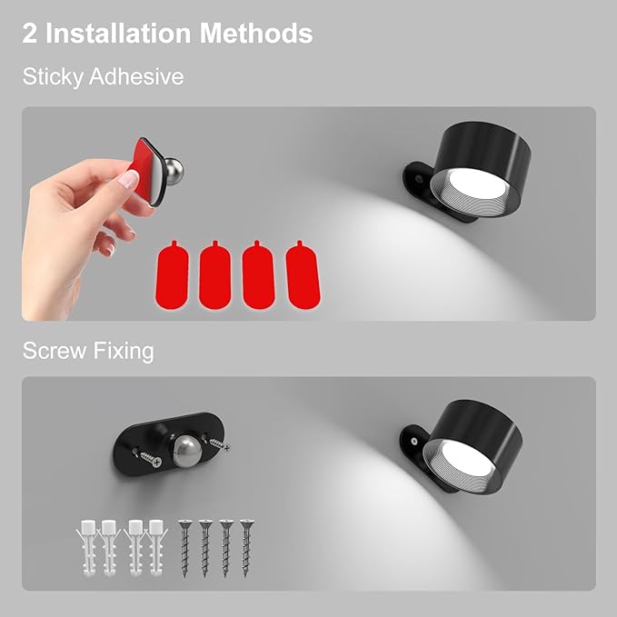 Koopala 2PCS Rechargeable Battery Operated LED Wall Lamps, Wall Mounted Lights with 3 Brightness 3 Color Temp Removable Charging 360°Rotate Magnetic, Cordless Wall Sconces for Reading Bedside-Black