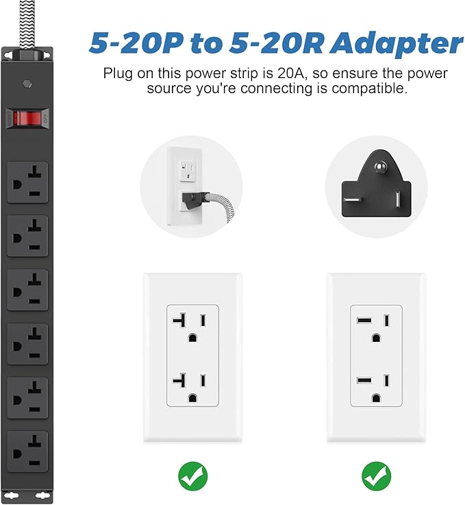HEZI 20 Amp Power Strip with 5-20P/T- Plug, Heavy Duty High Amp Metal Surge Protector, Mountable Industrial Power Strip with 6AC Outlets(5-20R) and Circuit Breaker, 10FT 12AWG Extension Cord
