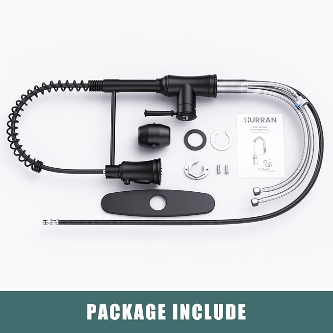 Kitchen Faucet with Pull Down Sprayer, Hurran Commercial Stainless Steel Kithcen Faucets, Single Handle Spring Faucets for Kitchen Sink, Sink Faucet for Farmhouse Wet Bar or RV, Matte Black