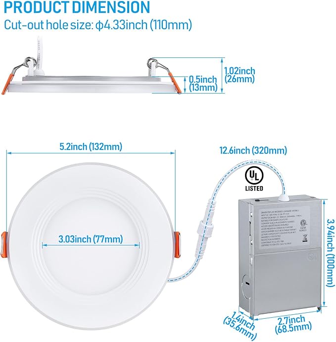 TORCHSTAR 12-Pack 4 Inch 5CCT LED Recessed Lighting with Night Light, Anti-Glare Baffle Trim, 2700K3000K3500K4000K5000K, High CRI90, 9W Dimmable Ultra-Thin Canless Wafer Downlight, ETL