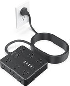 25FT Surge Protector Power Strip,12 AC Outlets with 6 USB Ports (2 USB-C), Flat Plug Extension Cord with Multiple Outlets, Wall Mount for Home Office,Dorm, Black