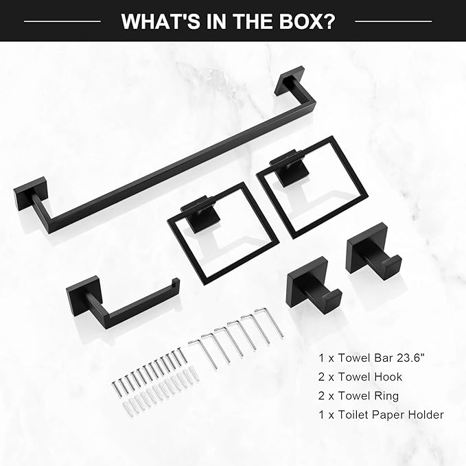 TQKAG 6-Piece Bathroom Towel Bar Sets Matte Black 23.6 inch Towel Bar Stainless Steel Towel Ring Coat Hook and Toilet Paper Holder Bathroom Hardware Set Wall Mounted Bathroom Accessories Kit