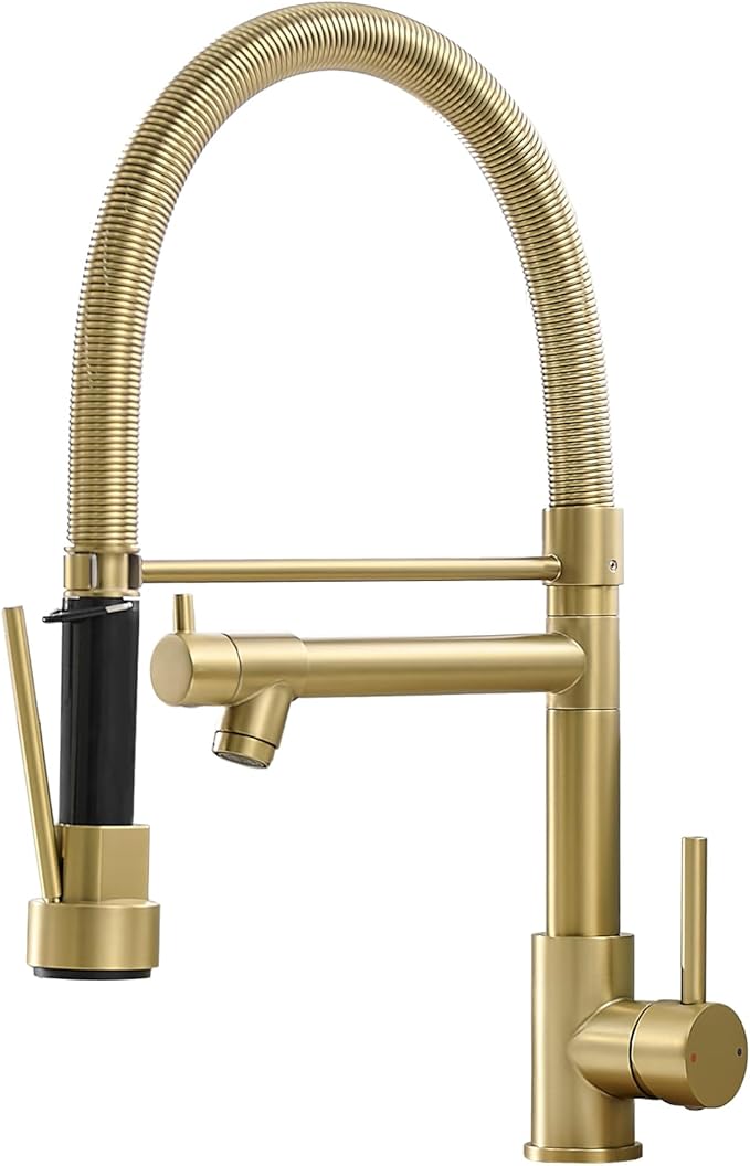 Fapully Commercial Pull Down Kitchen Faucets with Sprayer,Single Handle Spring Brushed Gold Kitchen Sink Faucet