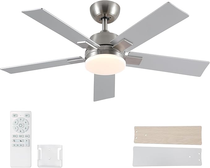42 Inch Ceiling Fans with Lights and Remote, Brushed Nickel Ceiling Fan, 6 Speed Reversible DC Motor, 3CCT Dimmable LED, Modern Design for Bedroom, Living room & Covered Outdoor,Includes Downrod