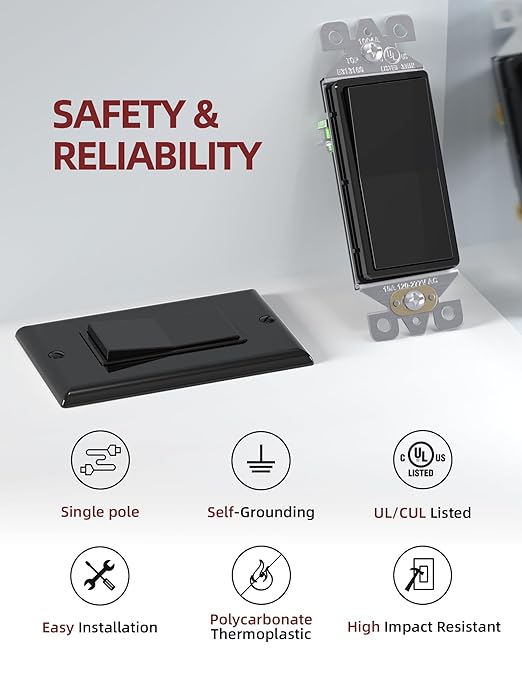 AIDA Single Pole Rocker Decorator Light Switch, 15 Amp Self-grounding Electrical Light Switches, Wall Plate Included, Residential Grade, UL Listed (10 Pack, Glossy Black)