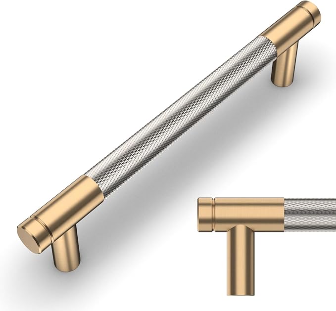 Amerdeco 10 Pack Champagne Bronze and Brushed Nickel Knurled Cabinet Pulls 5 Inch Hole Center to Hole Center Kitchen Cabinet Handles for Drawer Dresser, Cupboard and Wardrobe ZH0040