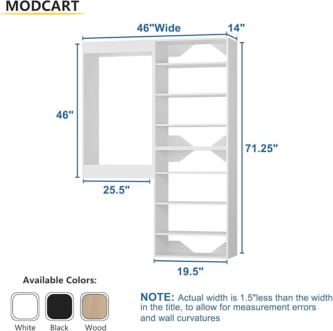 Modular Closet System, 46" Wide Organizer With Towers and Hanging, Wood Tower Storage for Walk In Closets, Wall Mounted Wardrobe Kit, Bedroom, White