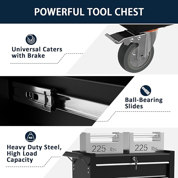5-Drawer Metal Rolling Tool Chest with Wheels,Tool Storage Cabinet with Locking System，Toolbox with Wheels for Garage, Warehouse, Workshop, Repair Shop (Black, 5Drawer)
