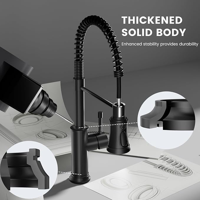 DAYONE Matte Black Kitchen Sink Faucet with Pull Down Sprayer Antique, 3 Modes Stainless Steel Spring Vintage Sink Faucet for Kitchen Bar Camper 1 or 3 Holes Single Handle