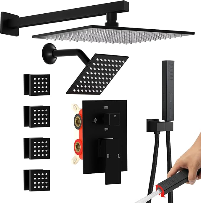 Enga Dual Shower Head Shower System with Body Jets, Wall Mount 10+6" Dual Rain Shower Head with 2 in 1 Handheld Spray for Two People, Shower Faucet Set with Valve Kit, Matte Black