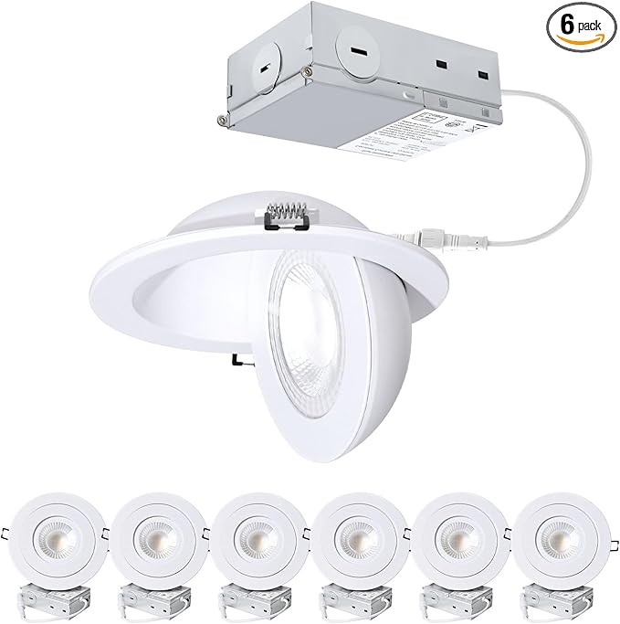 6-Inch Gimbal Recessed Light - 12W 90° Tilt & 360° Rotation, 5CCT (2700K-5000K), IC Rated LED Eyeball Recessed Lighting, for Sloped Ceilings, Soffit Light, Hallyway，Kitchens, White 6 Pack