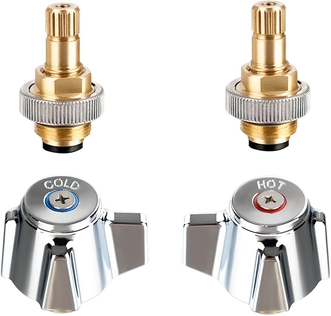 4" Brass Faucet Handle Cartridge Replacement Stem Assembly Faucet Valves Hot and Cold Knob Handle Kit with Stem for Kitchen & Bathroom Knob Handles