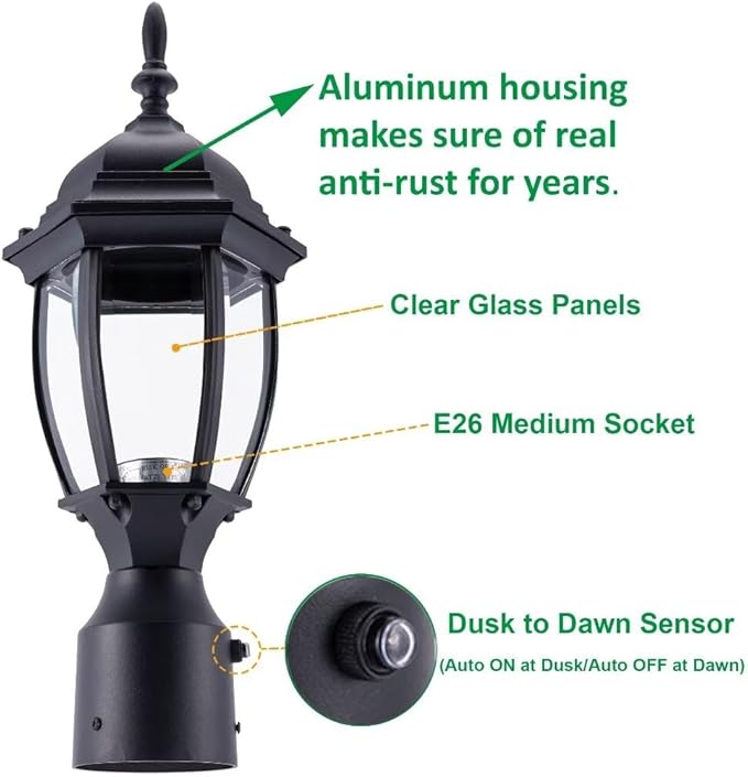 LIT-PaTH Dusk to Dawn Outdoor Post Lighting Fixture Pole Lantern, E26 Medium Base Max 60W, Aluminum Housing Plus Glass, Bulb Not Included (Black, 2-Pack)