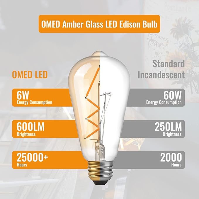OMED LED Edison Vintage Light Bulb 60 Watt Equivalent E26 Base 2700k Soft White Dimmable ST64 Amber Glass 60w Energy Saving Ideal Dining Rooms Durable Light for a Cozy Atmosphere 6 Pack 6w Led Bulbs