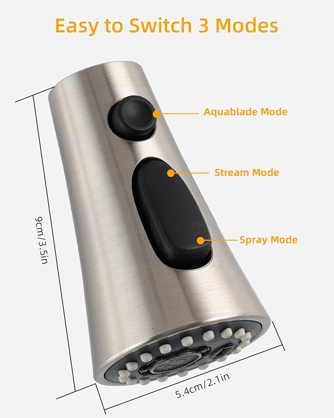 Hibbent Kitchen Sink Faucet Head Replacement, NSF/ANSI/CAN 61 & CUPC Certified, 3-Function Pull Down Sprayer Nozzle with 15 Adapters, Compatible with Delta, Kohler, Moen Faucets, Brushed Nickel