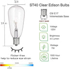 10-Pack Edison Replacement Light Bulbs, 7W E17 Screw Base ST40 Replacement Clear Glass Light Bulbs for Outdoor Patio ST40 String Lights, Warm White