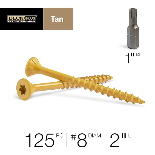 Deck Plus 2 Inch Epoxy Coated Exterior Wood and Fence Screws #8 x 2 Torx/Star Drive Included Coarse Thread, Outdoor Rust Resistant Decking Screw, Tan, 1lb Box, 125 Pieces | 48413