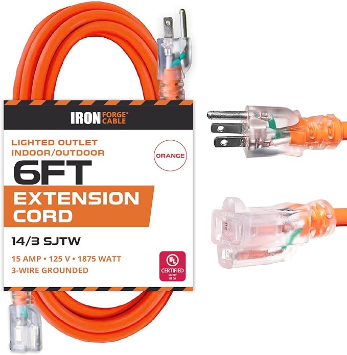 Iron Forge Cable Weatherproof 6 Ft Outdoor Extension Cord - 14/3 SJTW 15 Amp Heavy Duty Orange Extension Cord 3 Prong - Lighted End