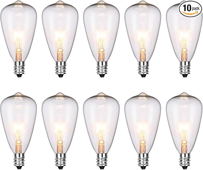 ST38 Replacement Bulbs 10-Pack - 7W E12 Candelabra Base Clear Glass Light Bulbs, Vintage Incandescent for Outdoor String Lights, Patio, Garden Decor