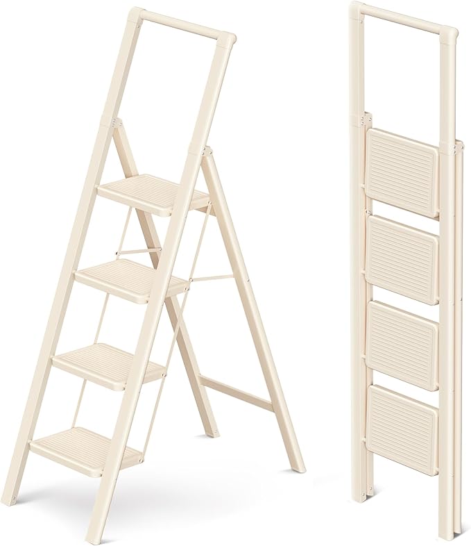 GameGem 4 Step Ladder Folding Step Stool, Foldable Ladder with Ergonomic Heightened Top Grip, Tall Step Ladder with Widened Anti-Slip Pedal for Closet, 330Lbs Load, Fold Thin and Tight, Cream White
