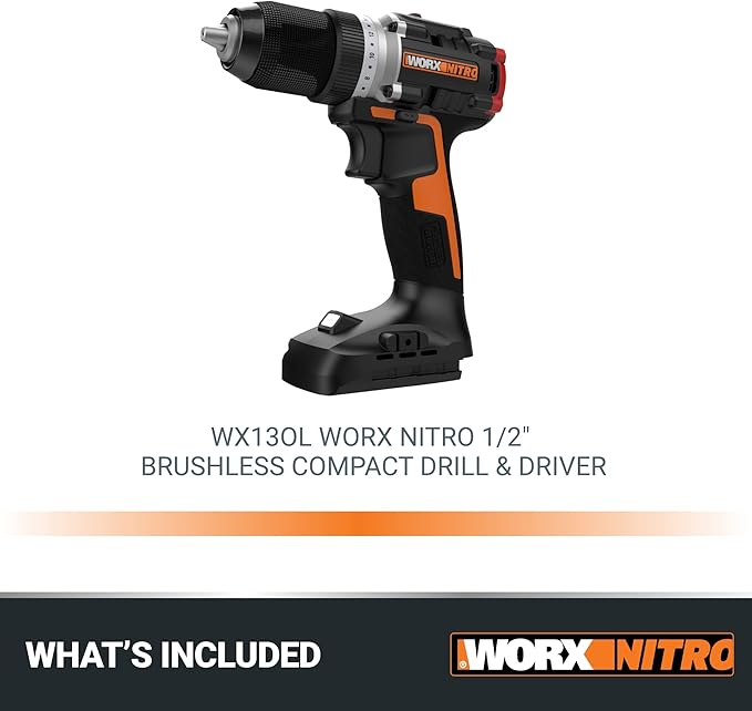 Worx Nitro 20V Cordless 1/2" Drill Driver With Brushless Motor, Compact & Lightweight Set Only 6" and 3 lbs., Power Share Compatible WX130L.9 Tool Only