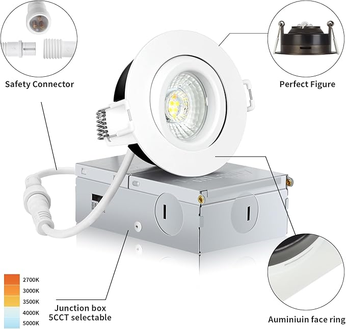 3 Inch Recessed Lighting 6 Pack, Ajustable Eyeball recessed Light with Junction Box,5 Color Selectable,Airtight,5W 550LM,Dimmable,White