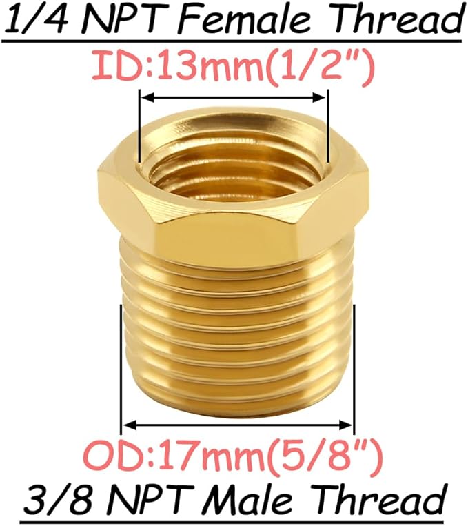 4PCS Brass Reducer Bushing, 3/8" NPT Male to 1/4" NPT Female Thread, Hex Reducing Convert Adapter Pipe Fitting Connector for Water/Oil/Gas