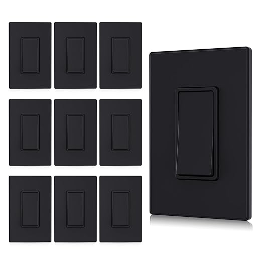 AIDA Single Pole Rocker Decorator Light Switch, 15 Amp Self-grounding Electrical Light Switches, Wall Plate Included, Residential Grade, UL Listed (10 Pack, Matte Black)