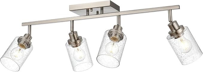 4-Light Track Lighting Fixtures, Rotatable Track Head Bathroom Vanity Light Ceiling Spotlight Brushed Nickel, Seeded Glass Shades