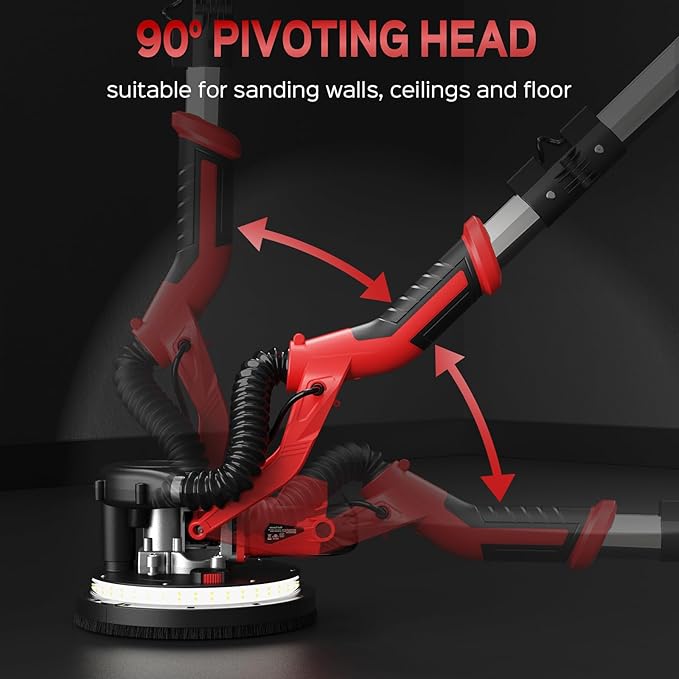 Drywall Sander, 2025 Upgraded 8-Amp Popcorn Ceiling Removal Tool with 7 Variable Speed 800-1800RPM, Drywall Sander with Vacuum Dust Collector with Extendable Handle, LED Light, 12pcs Sanding Discs,Red