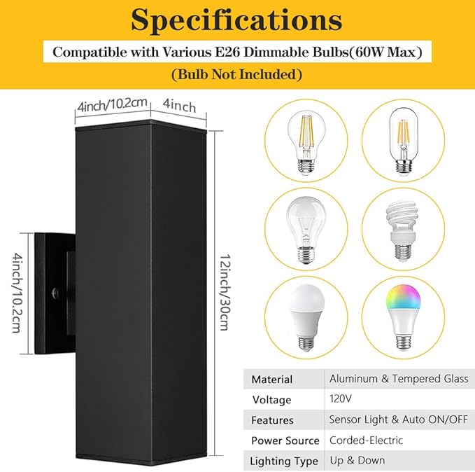 SHIMR Dusk to Dawn Outdoor Lighting 2 Pack, Modern Exterior Lighting Fixtures Wall Mount with E26 Base, Aluminum Anti-Rust Outdoor Sconce Lights Up and Down Outside Lights for House Porch Garage