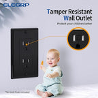 ELEGRP Decorator Wall Receptacle Outlet, Tamper Resistant 15 Amp Standard Electrical Wall Outlet, Residential Grade, Self-grounding, 125V, 2 Pole 3 Wire, 5-15R, UL Listed, Glossy Black, 20 Pack