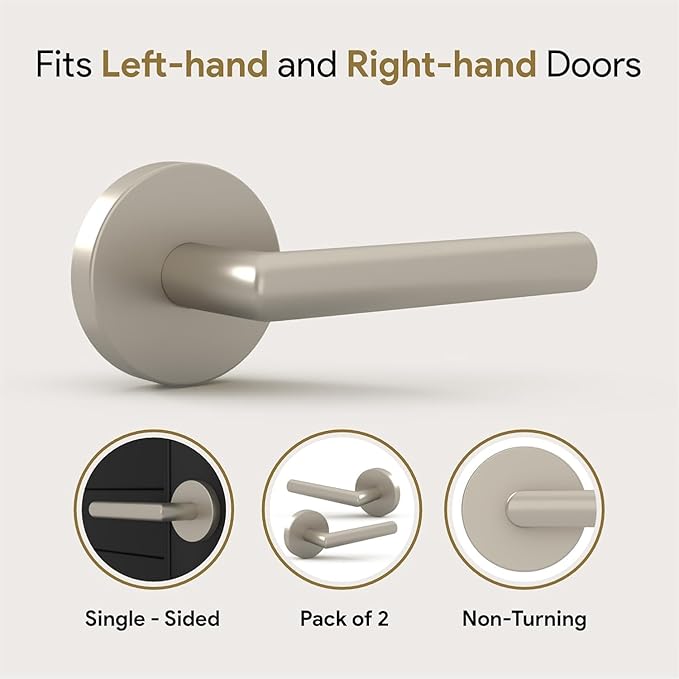 Mega Handles Ronn Dummy Door Handles - 6 Pack Heavy Duty Brushed Nickel Door Handles, Non-Turning Door Handle for Closet & French Doors, Single Side, Fits All Standard Doors - Satin Nickel