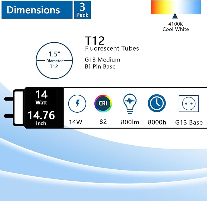 Valoisa F14T12/CW 14W 14 3/4 Inch T12 4100K Linear Fluorescent Light Bulb,14 Watts, G13 Medium Base,T12 Tube,14 3/4" MOL,1.5" Dia,4100K Cool White,3Pack