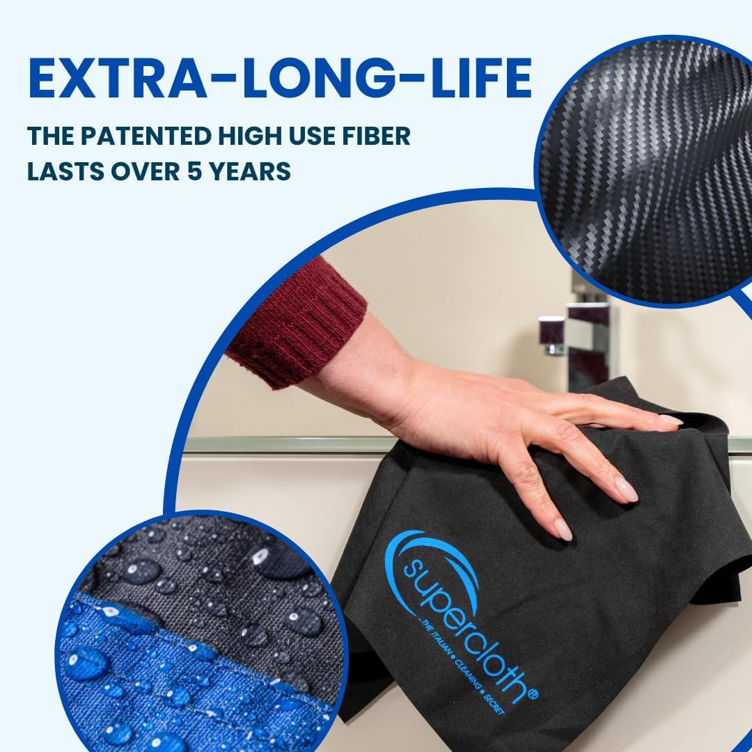 Supercloth® Premium Microfiber Cleaning Cloth for All-Purpose, Lasts Over 5 YEARS, Glasses Cleaning Cloth, Microfiber Cleaning Cloth for Cars, Magic Reusable Cloth Streak-Free 100% Made in Italy (3pk)