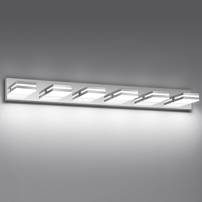 Modern LED Bathroom Lights Fixtures(6-Light),Metal Chrome Acrylic Wall Lighting,Vanity Lights for Bathroom Over Mirror(6000k 41In