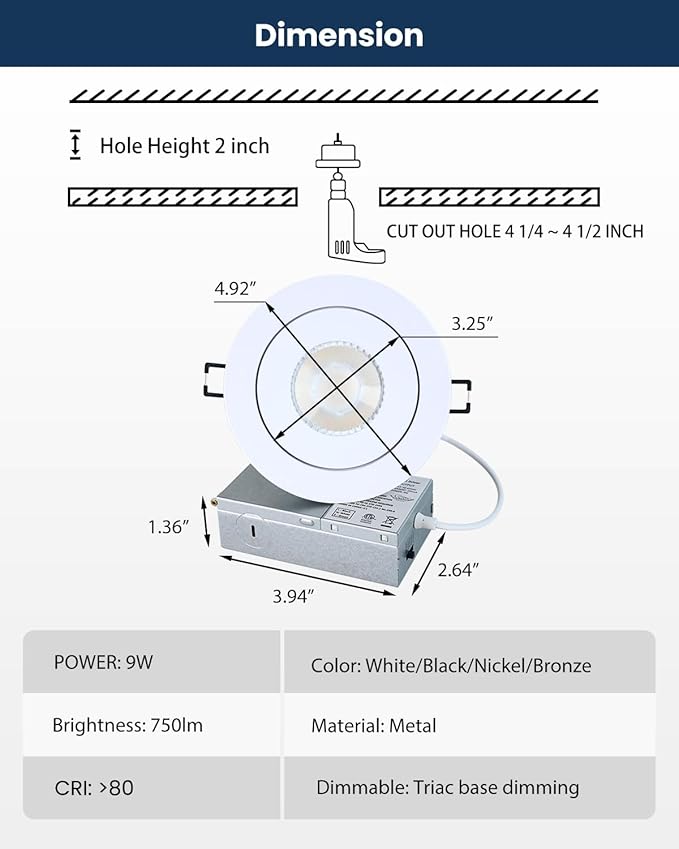 4inch Gimbal LED Recessed Light Recessed LED 4 inch White Swivel Gimbal Canless Light 360° Rotation 90° Tilt 4" 9W Eyeball Lighting Dimmable Adjustable Can Spotlights 5CCT White 4 inch 6 Pack