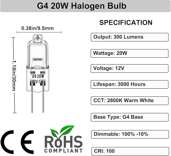 Halogen 20 Watt 12 Volt Light Bulbs 2 Pin G4 Base-10 Pack Long Lasting G4 Halogen Bulb 20w, High Output G4 Bulb Dimmable with G 4 Bi-Pin Base, G 4 Warm White for Under Cabinet Puck Light