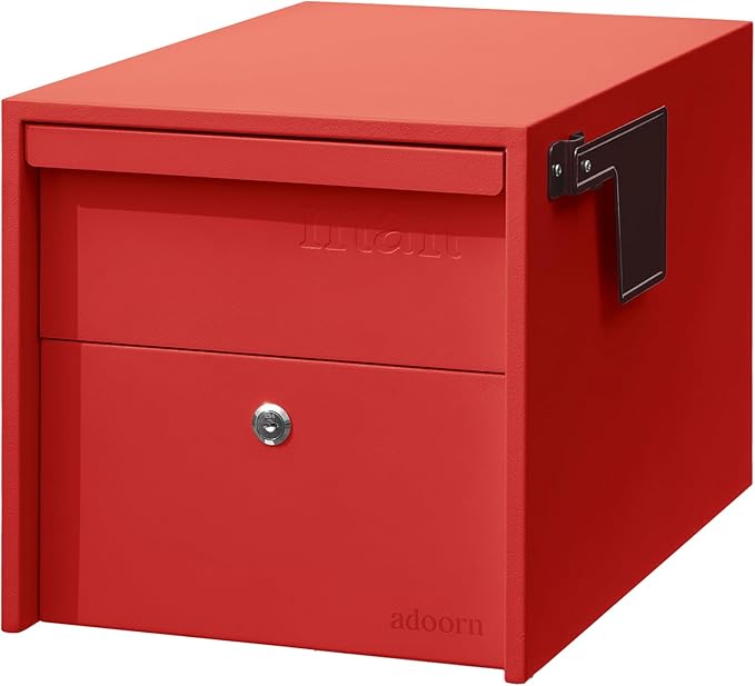 Adoorn Lockable Post Mount Mailbox | Small (Red), Size 12 x 12 x 18.5 (HxWxD) Anti-Theft Locking Mailbox with 2 Keys, Modern Mailbox with Flag, Weatherproof Mailboxes for Outside