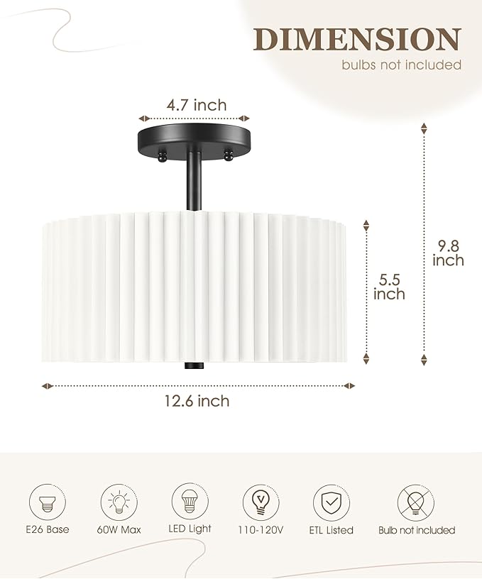 Semi Flush Mount Ceiling Light, 3-Light 12.5" Matte Black Ceiling Light Fixture with White Pleated Fabric Shade, Drum Lamp for Nursery Hallway Bedroom Kitchen, AD-25036-3SF-BK