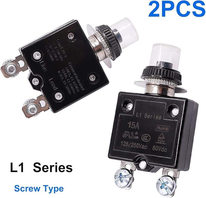mxuteuk 2Pcs 15Amp Circuit Breakers Push Button Manual Reset 125/250V AC 50V DC, L1 Series Overload Protector Switch Thermal Circuit Breakers with Waterproof Button Caps L1-ls-15A